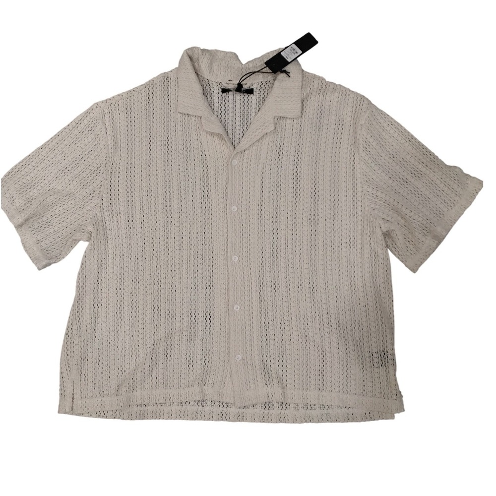 NOVA MEN White Knit Crochet Short Sleeve Button Up Shirt XX‎ LARGE